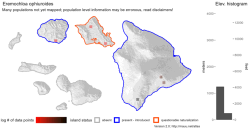 Distribution of Eremochloa ophiuroides in Hawaiʻi.