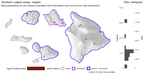 Distribution of Hordeum vulgare subsp. vulgare in Hawaiʻi.