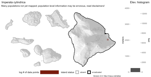 Distribution of Imperata cylindrica in Hawaiʻi.