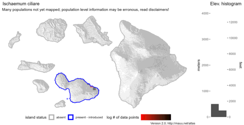 Distribution of Ischaemum ciliare in Hawaiʻi.