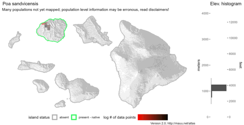 Distribution of Poa sandvicensis in Hawaiʻi.