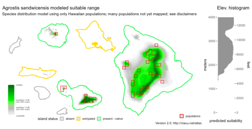 Distribution of Agrostis sandwicensis in Hawaiʻi.