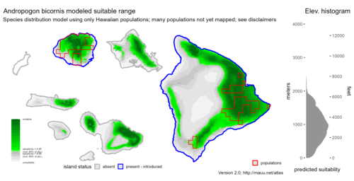 Distribution of Andropogon bicornis in Hawaiʻi.