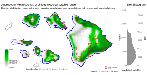 Distribution of Andropogon virginicus var. virginicus in Hawaiʻi.