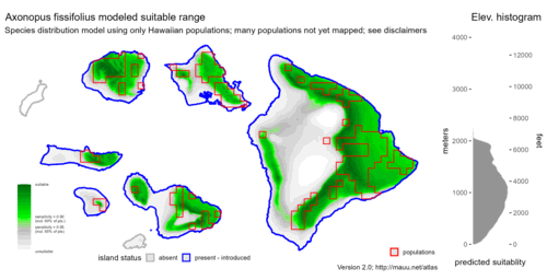 Distribution of Axonopus fissifolius in Hawaiʻi.