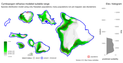 Distribution of Cymbopogon refractus in Hawaiʻi.