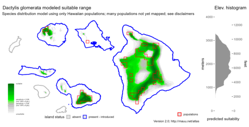 Distribution of Dactylis glomerata in Hawaiʻi.