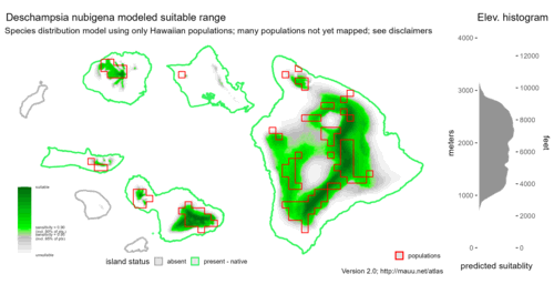 Distribution of Deschampsia nubigena in Hawaiʻi.