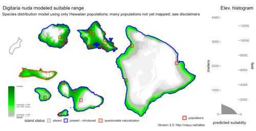 Distribution of Digitaria nuda in Hawaiʻi.