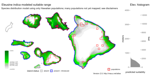 Distribution of Eleusine indica in Hawaiʻi.