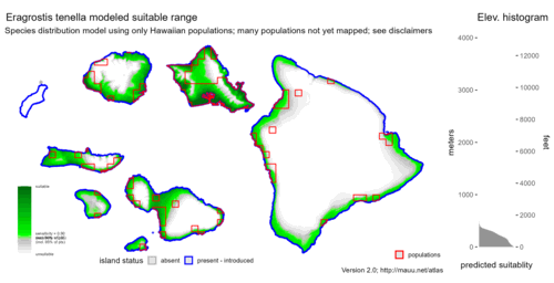 Distribution of Eragrostis tenella in Hawaiʻi.