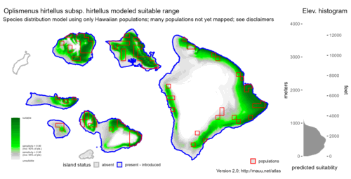 Distribution of Oplismenus hirtellus subsp. hirtellus in Hawaiʻi.