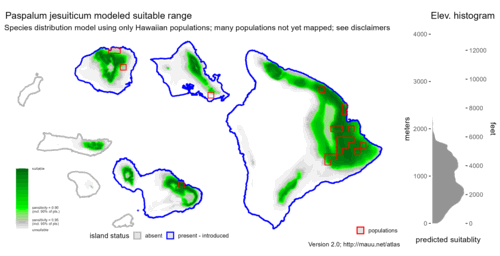 Distribution of Paspalum jesuiticum in Hawaiʻi.