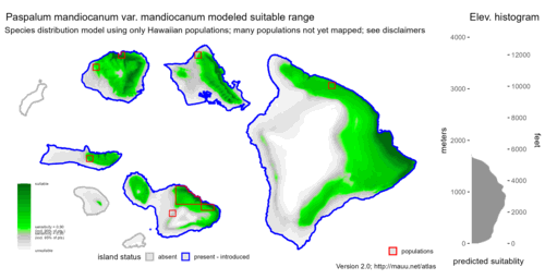 Distribution of Paspalum mandiocanum var. mandiocanum in Hawaiʻi.