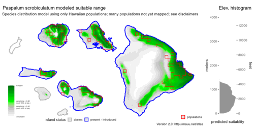 Distribution of Paspalum scrobiculatum in Hawaiʻi.