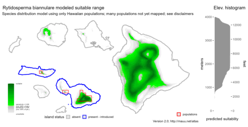 Distribution of Rytidosperma biannulare in Hawaiʻi.