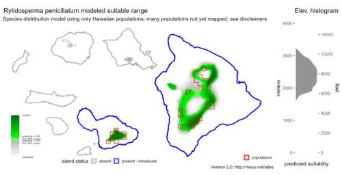 Distribution of Rytidosperma penicillatum in Hawaiʻi.