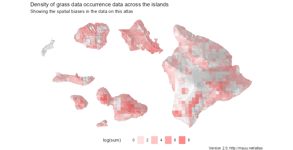 Density of grass occurence data across Hawai'i