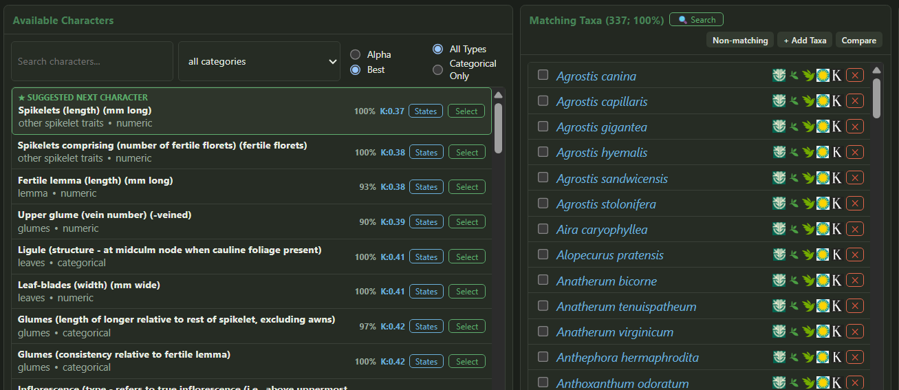Screenshot of the interactive GrassBase polyclave key
